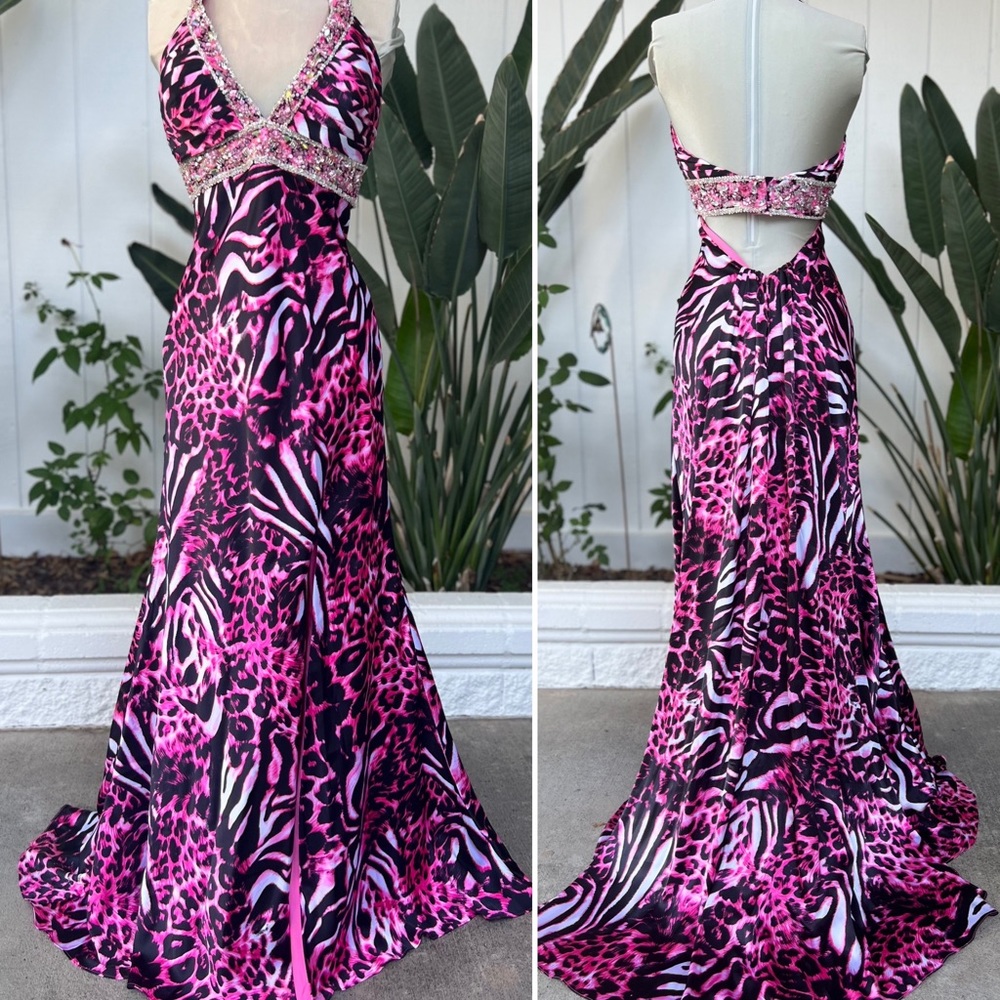 Animal print maxi dress hot pink & black leopard gown with a train hot color